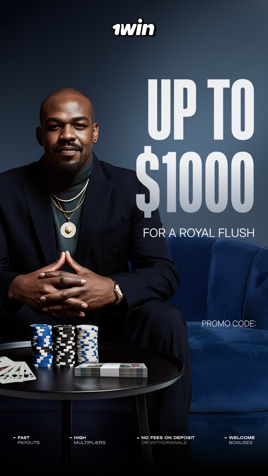 1win poker up to 1000 dollars for a royal flush